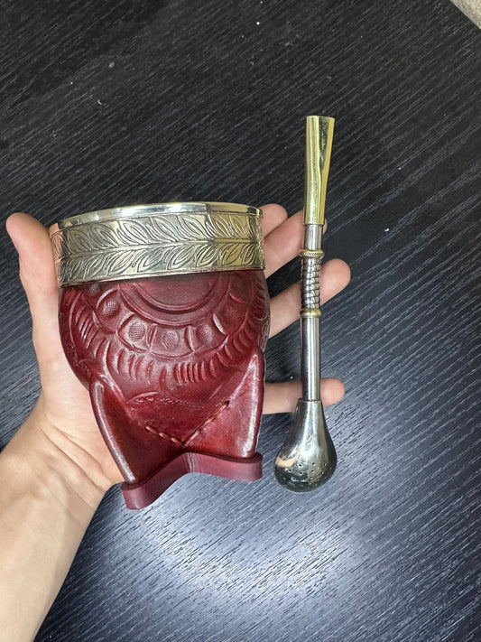 Mate Imperial Borravino Cuero Repujado + Bombillon Diseño fino